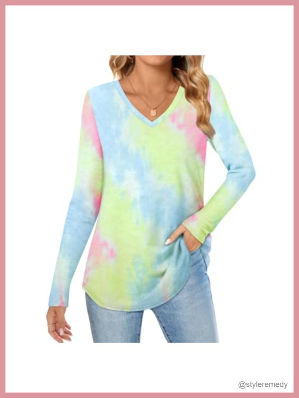 V Neck Tie Dye Cotton Tee Long Sleeve Women's Top